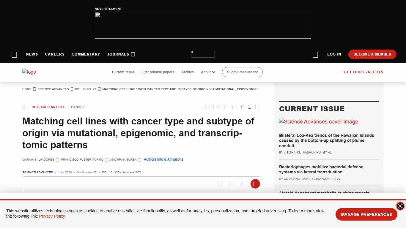 Matching cell lines with cancer type and subtype of origin via mutational, epigenomic, and transcriptomic patterns Science Advances